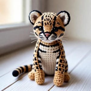 May include: A crocheted ocelot plush toy featuring tan, cream, and black yarn. The figure has large black eyes, a pink nose, and white whiskers. It displays a spotted and striped pattern across its body, with rounded ears and a long tail.