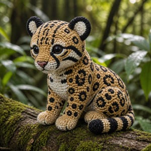 May include: A crocheted stuffed animal shaped like a young ocelot with tan, cream, and black yarn. The figure features large dark eyes, a pink nose, and detailed black spots and stripes across its body, ears, and long tail in a seated pose.