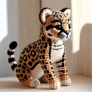 May include: A handcrafted crochet ocelot plush toy featuring a tan body with black rosettes and spots, a white underbelly, large dark eyes, a small brown nose, and long white whiskers. The feline figure is in a seated position with a long tail.