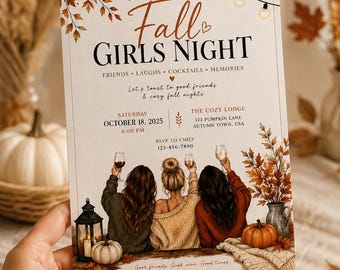 Uitnodiging voor een meidenavond in de herfst, uitnodiging voor een gezellig herfstfeestje met vriendinnen, uitnodiging voor een wijnavond, uitnodiging voor een Friendsgiving-feestje
