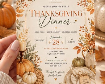 Uitnodiging voor het Thanksgiving-diner 5x7 inch, uitnodiging voor Thanksgiving in de herfst, printbare uitnodiging voor een herfstdiner, oogstfeest, digitale uitnodiging