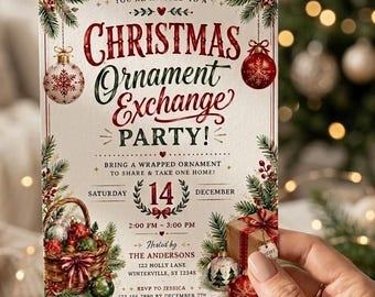 クリスマスオーナメント交換会招待状、クリスマスオーナメント交換パーティー招待状、ホリデーパーティー用印刷可能テンプレート、編集可能なクリスマス招待状