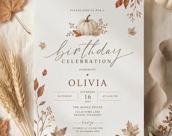 編集可能な秋の誕生日招待状テンプレート、かぼちゃの誕生日招待状、秋のフローラル誕生日印刷物、Canva秋の誕生日テンプレート