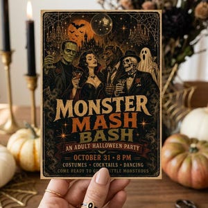 Può includere: Un biglietto d'invito rettangolare per una festa di Halloween con un'illustrazione in stile vintage di mostri classici che tengono cocktail. Il testo recita MONSTER MASH BASH, AN ADULT HALLOWEEN PARTY, OCTOBER 31, 8 PM, COSTUMES, COCKTAILS, DANCING, COME READY TO GET A LITTLE MONSTROUS.