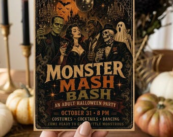 Bewerkbare vintage Halloween-uitnodigingssjabloon, Monster Mash Bash Halloweenfeest voor volwassenen mobiele uitnodiging, griezelige retro cocktailparty-uitnodiging