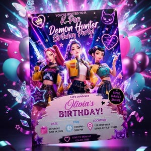 Op de afbeelding: Een rechthoekige verjaardagsuitnodiging met drie geanimeerde figuren in kleurrijke outfits tegen een donkere achtergrond met neonroze en blauwe ballonnen, vlinders en sterren. De tekst bevat K-Pop Demon Hunter Birthday Party, Olivia's BIRTHDAY, zaterdag 14 juni 2025, 14:00-17:00 uur, 125 KPOP WAY SEOUL CITY, ST 12445 en RSVP aan Mom op 123-456-7890.