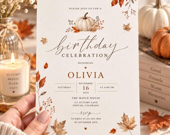 Fall Birthday Invitation Template  Editable Pumpkin Birthday Invite  Autumn Floral Party Invitation  Canva Printable Template