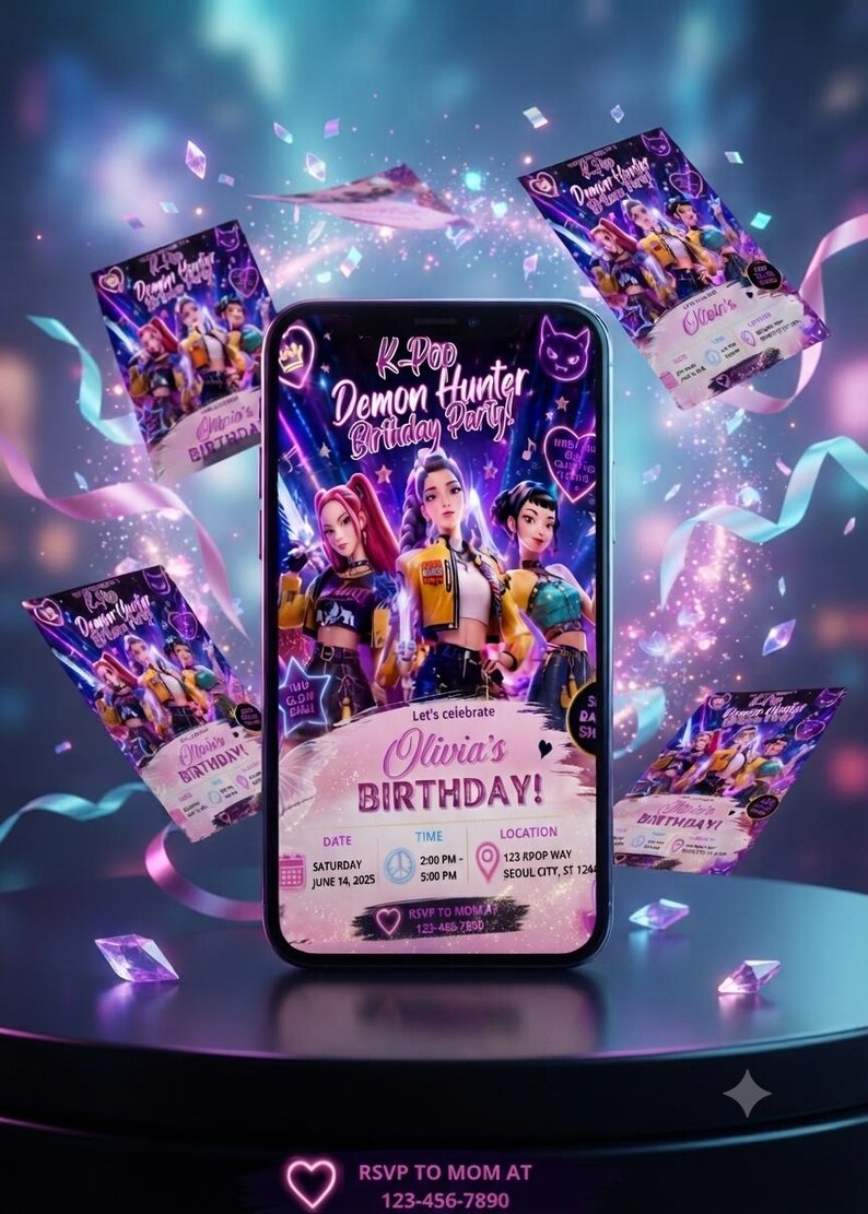 Op de afbeelding: Een smartphone met een K-Pop Demon Hunter verjaardagsuitnodiging voor Olivia op 14 juni 2025, om 14:00 uur op 123 Kpop Way, Seoul City. Het scherm toont drie geanimeerde personages, roze en paarse accenten en zwevende confetti.