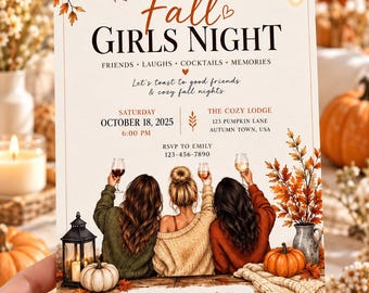 Fall Girls Night Invitation  Autumn Girls Night Party Invite  Cozy Fall Gathering Wine Night Invitation  Friendsgiving Party Invite
