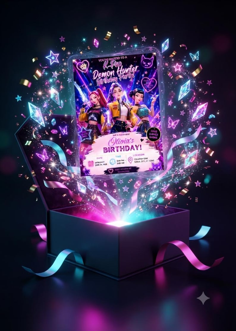 Op de afbeelding: Een rechthoekige uitnodigingskaart voor een K-Pop Demon Hunter verjaardagsfeest met drie gestileerde personages, neonroze en blauwe lichteffecten, zwevende kristallen en vlinders, die uit een open zwarte geschenkdoos tevoorschijn komen.