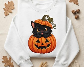かわいい黒猫カボチャPNG、ハロウィン猫シャツデザイン、不気味でかわいい猫デジタルダウンロード、ジャック・オー・ランタンPNG、刺繍スタイル、ハロウィンPNG