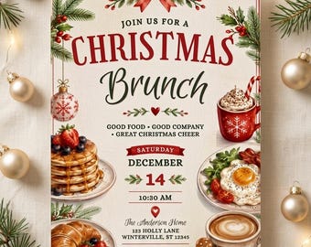 編集可能なクリスマスブランチ招待状（印刷可能）、ホリデー朝食パーティー招待状、クリスマス招待状テンプレート、Canvaクリスマス招待状