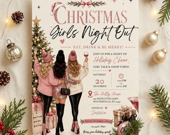 編集可能なクリスマス女子会招待状、ホリデーパーティー用デジタル招待状＆印刷可能なカード、ピンクのクリスマスドリンク招待状テンプレート