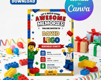 男の子の誕生日招待状、積み木テーマの誕生日招待状、編集可能なCanva誕生日招待状、印刷可能な招待状、デジタル誕生日カード