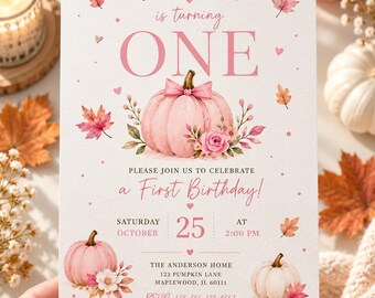 Little Pumpkin First Birthday Invitation Pink Autumn Fall 1st Birthday Party Invite Editable Canva Digital Download Girl first birthday
