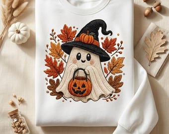 刺繍入りハロウィンゴーストスウェットシャツpng、コケットパンプキントリックオアトリートクルーネック、居心地の良い秋の美的グラフィック、ハロウィンシャツpng