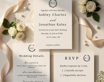 結婚式招待状セット、モノグラム入り結婚式ステーショナリーセット、編集可能な結婚式テンプレート、印刷可能なセット、デジタル結婚式ステーショナリー、返信カード