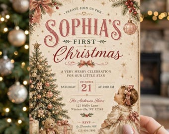 編集可能なヴィンテージ風ベビーファーストクリスマス招待状テンプレート｜女の子の1歳の誕生日＆ホリデーパーティー招待状｜Canvaテンプレートを即時ダウンロード
