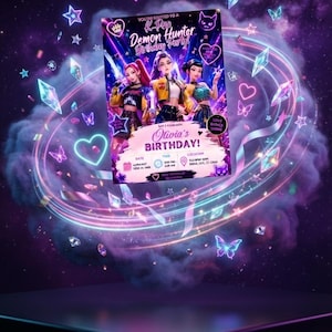Op de afbeelding: Een rechthoekige uitnodigingskaart voor een verjaardagsfeest met drie ge&iuml;llustreerde personages in kleurrijke outfits. De tekst luidt: You're invited to a K-Pop Demon Hunter Birthday Party, Olivia's Birthday, Date January 14, 2025, Time 5:00 PM, Location Seoul, City, CT 12345.