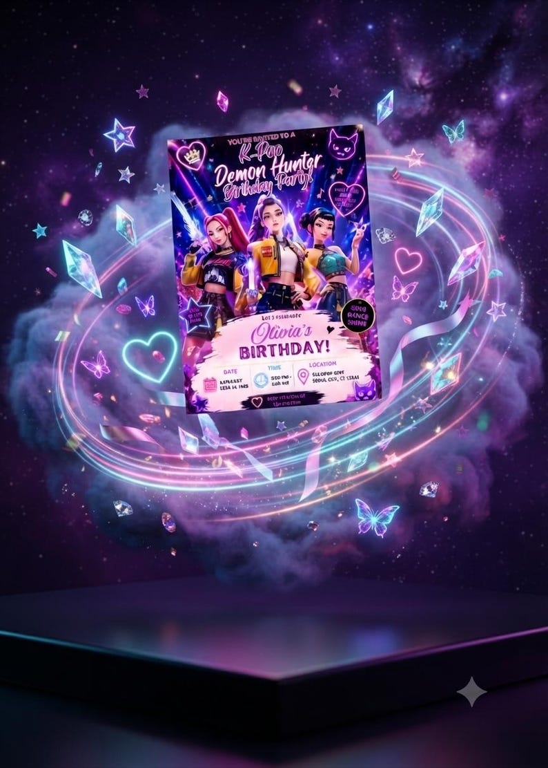 Op de afbeelding: Een rechthoekige uitnodigingskaart voor een verjaardagsfeest met drie ge&iuml;llustreerde personages in kleurrijke outfits. De tekst luidt: You're invited to a K-Pop Demon Hunter Birthday Party, Olivia's Birthday, Date January 14, 2025, Time 5:00 PM, Location Seoul, City, CT 12345.