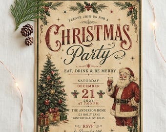 ヴィンテージ風クリスマスパーティー招待状テンプレート、編集可能なホリデーアナウンス、素朴なサンタクロースパーティーデコレーション、印刷可能な即時ダウンロード