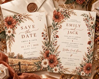 Wedding Invitation Suite Terracotta Wildflower Wedding Stationery Suite Fall Wedding Invitation Set Boho Wedding Template Autumn Wedding