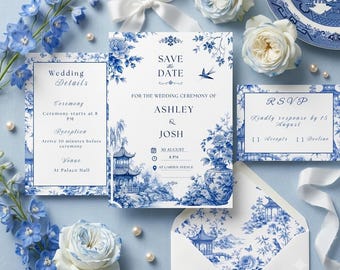 結婚式招待状セット、ブルーのシニオジエールウェディングスイート、編集可能なCanvaテンプレート、ヴィンテージウェディングカード、印刷可能な招待状セット
