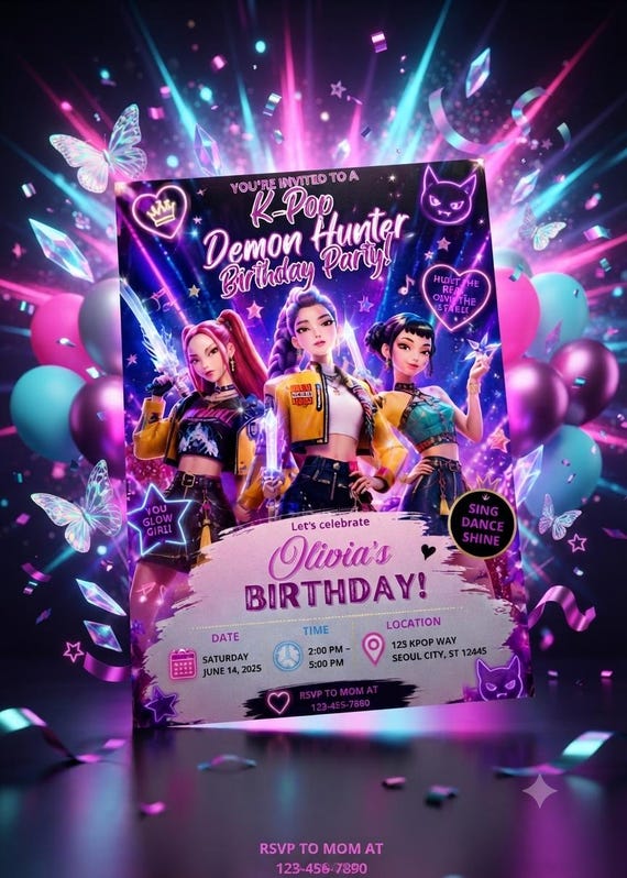 kpop Birthday invitation, Kpop demon hunter  Birthday Invitation, Anime Fantasy Neon purple Party, Editable Canva Template