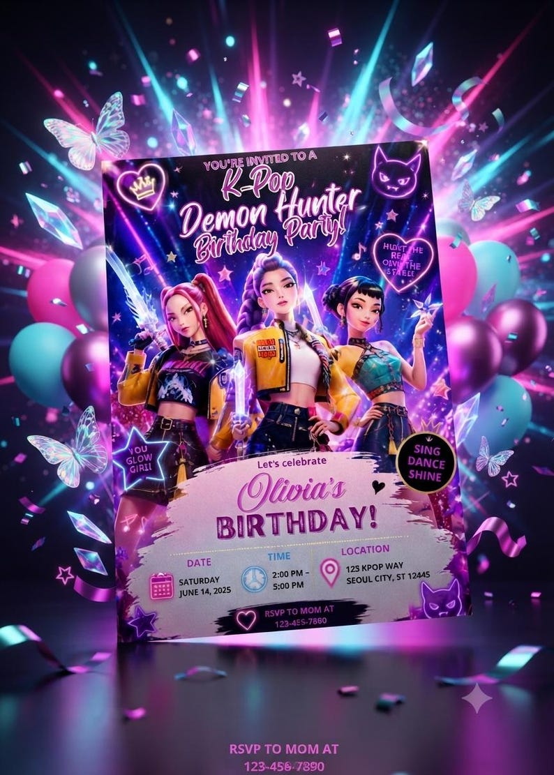 Op de afbeelding: Een rechthoekige verjaardagsuitnodiging met drie geanimeerde figuren in kleurrijke outfits tegen een donkere achtergrond met neonroze en blauwe ballonnen, vlinders en sterren. De tekst bevat K-Pop Demon Hunter Birthday Party, Olivia's BIRTHDAY, zaterdag 14 juni 2025, 14:00-17:00 uur, 125 KPOP WAY SEOUL CITY, ST 12445 en RSVP aan Mom op 123-456-7890.