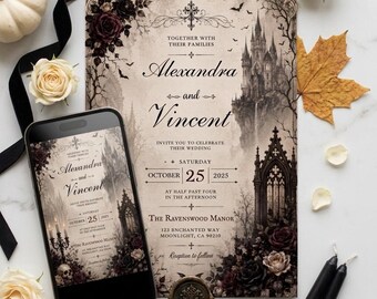 Gothic Wedding Invitation Template, Black & Biege Halloween Wedding Invite, Victorian Dark Romance Editable Canva Invite