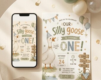 Einladungsvorlage „Lustige Gans“ zum 1. Geburtstag, bearbeitbare Aquarell-Enten-Einladung zum ersten Geburtstag, digitale Einladung für Jungengeburtstage, druckbare Einladung