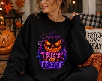 トリック・オア・トリート PNG ネオン ハロウィン パンプキン デザイン 不気味なジャック・オー・ランタン シャツ PNG ハロウィン 昇華デザイン 即時ダウンロード