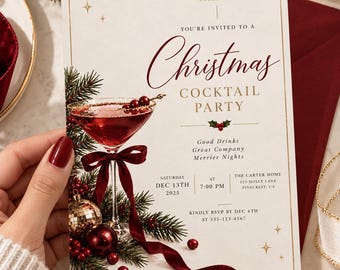 Bewerkbare uitnodiging voor een kerstcocktailparty in Canva. Uitnodiging voor een kerstfeest. Printbare uitnodiging voor een feestelijke cocktailparty.