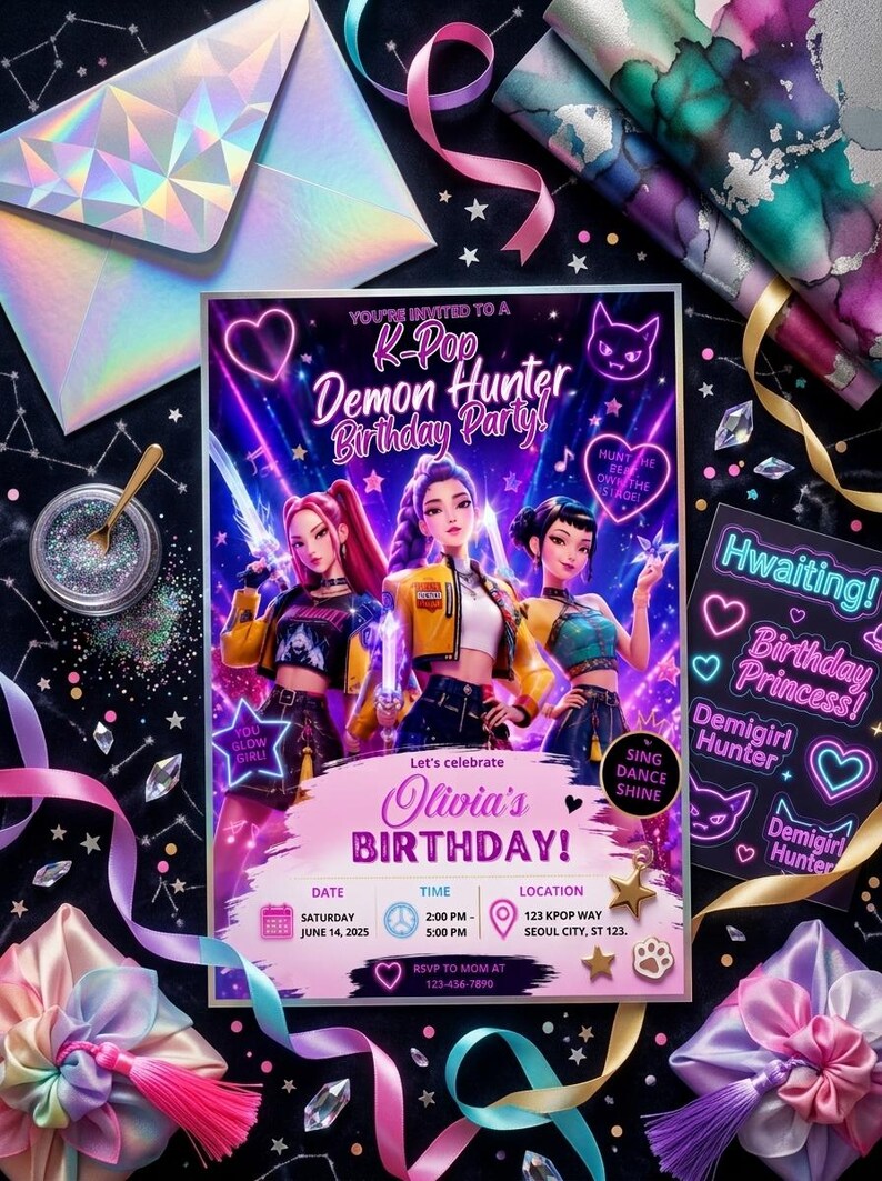 Op de afbeelding: Een rechthoekige verjaardagsuitnodiging met drie geanimeerde personages in kleurrijke outfits tegen een neonpaarse en blauwe achtergrond. De tekst luidt K-Pop Demon Hunter Birthday Party, Olivia's Birthday, 14 juni 2025, 14:00-17:00 uur en 123 KPOP Way, Seoul City, ST 123.