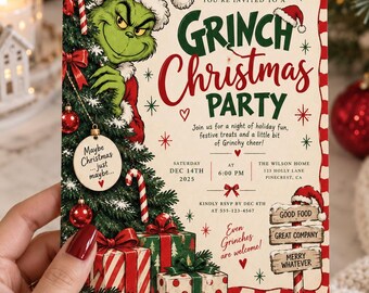 Kerstfeestuitnodiging Grinch Bewerkbare Canva Kerstuitnodiging Feestdag Digitale uitnodiging Kerstfeestsjabloon Digitale download