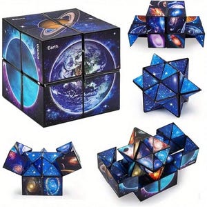 May include: A multi-faceted space-themed puzzle cube that transforms into various geometric shapes. The surface features high-resolution imagery of Earth, Saturn, Uranus, and deep space nebulae in shades of blue, purple, and black.