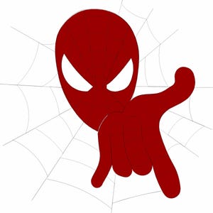 May include: A red masked character head with large white eyes and a web pattern, positioned in front of a thin black spiderweb design. The character is extending a hand forward with fingers curled in a gesture against the white background.