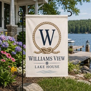 Personalized Lake House Garden Flag, Nautical Rope Monogram Yard Decor, Lakeside Lawn Accent, Housewarming Gift, Lake House Flag