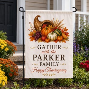 Personlig Thanksgiving-trädgårdsflagga, Cornucopia skördegårdsdekor, höstgräsmattadekor, familjehögtidsgåva, Thanksgiving-flagga, trädgårdsflagga