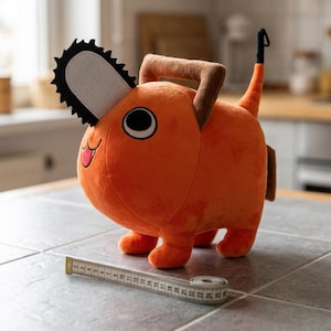 May include: An orange plush toy shaped like a chainsaw dog with a white blade, black handle, and a tail. A measuring tape is placed in front, showing a length of approximately 26 centimeters. The toy has large eyes and a small red tongue.