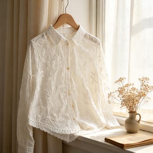May include: A long-sleeved white button-down shirt featuring an intricate all-over floral embroidery pattern. The garment has a classic collar, a front button placket with light-coloured buttons, and a decorative scalloped lace trim along the hem.