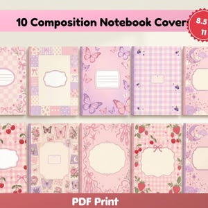 Puede incluir: Diez portadas para cuadernos de composición en formato PDF digital, cada una de 21,59 x 27,94 cm. Los diseños presentan varios patrones en rosa y morado que incluyen mariposas, cerezas, fresas, lazos, lunas, estrellas y estampados de cuadros.