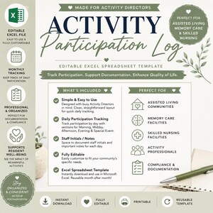 Puede incluir: Una plantilla de hoja de cálculo de Excel editable para el registro de participación en actividades con fondo blanco y detalles en verde salvia. El texto incluye 'Activity Participation Log', 'What's Included' y 'Perfect For' con listas.