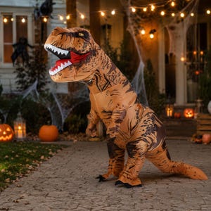 May include: An inflatable T-Rex dinosaur costume in shades of brown and tan with black markings. The costume features a large head with an open mouth showing white teeth, a long tail, and small arms, designed to be worn as a full-body suit.