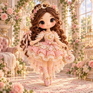 Puede incluir: Una muñeca de ganchillo con largo cabello castaño rizado, vestida con un vestido de capas rosa y blanco con un emblema de media luna, una corona de flores y zapatillas de ballet. La muñeca sostiene una varita con estrella y un bolso de cisne.