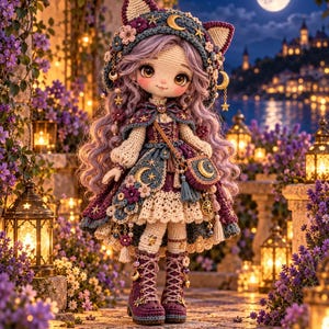 Puede incluir: Una muñeca de ganchillo con largo cabello ondulado color lavanda, que viste una capa con capucha de color morado oscuro con orejas de gato, motivos de luna y estrellas, y flores. La muñeca lleva un vestido de capas, un bolso pequeño y botas.