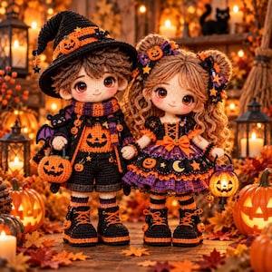 Puede incluir: Dos muñecos de ganchillo vestidos para Halloween. El muñeco de la izquierda lleva un sombrero de bruja negro con rayas naranjas, un suéter y pantalones cortos con motivos de calabaza, y sostiene un cubo de calabaza. El de la derecha tiene rizos.