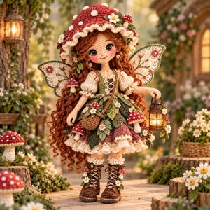 May include: A crochet doll with long wavy auburn hair, wearing a red mushroom-shaped hat with white spots, a green leaf-patterned dress, and brown boots. The doll has lace wings, carries a small brown basket, and holds a lit miniature lantern.
