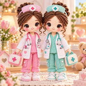 May include: Two crochet dolls dressed as medical professionals. One doll wears a pink scrub set with a pink nurse cap, while the other wears a mint green scrub set with a matching cap. Both dolls wear white lab coats, stethoscopes, and carry medical bags.