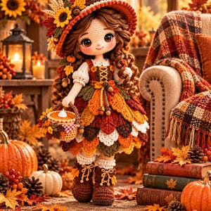 May include: A handcrafted crochet doll with long brown hair wearing a wide-brimmed hat adorned with sunflowers and wheat, a dress featuring layered autumn-coloured leaf motifs, and brown boots. The doll holds a small basket containing a pie.